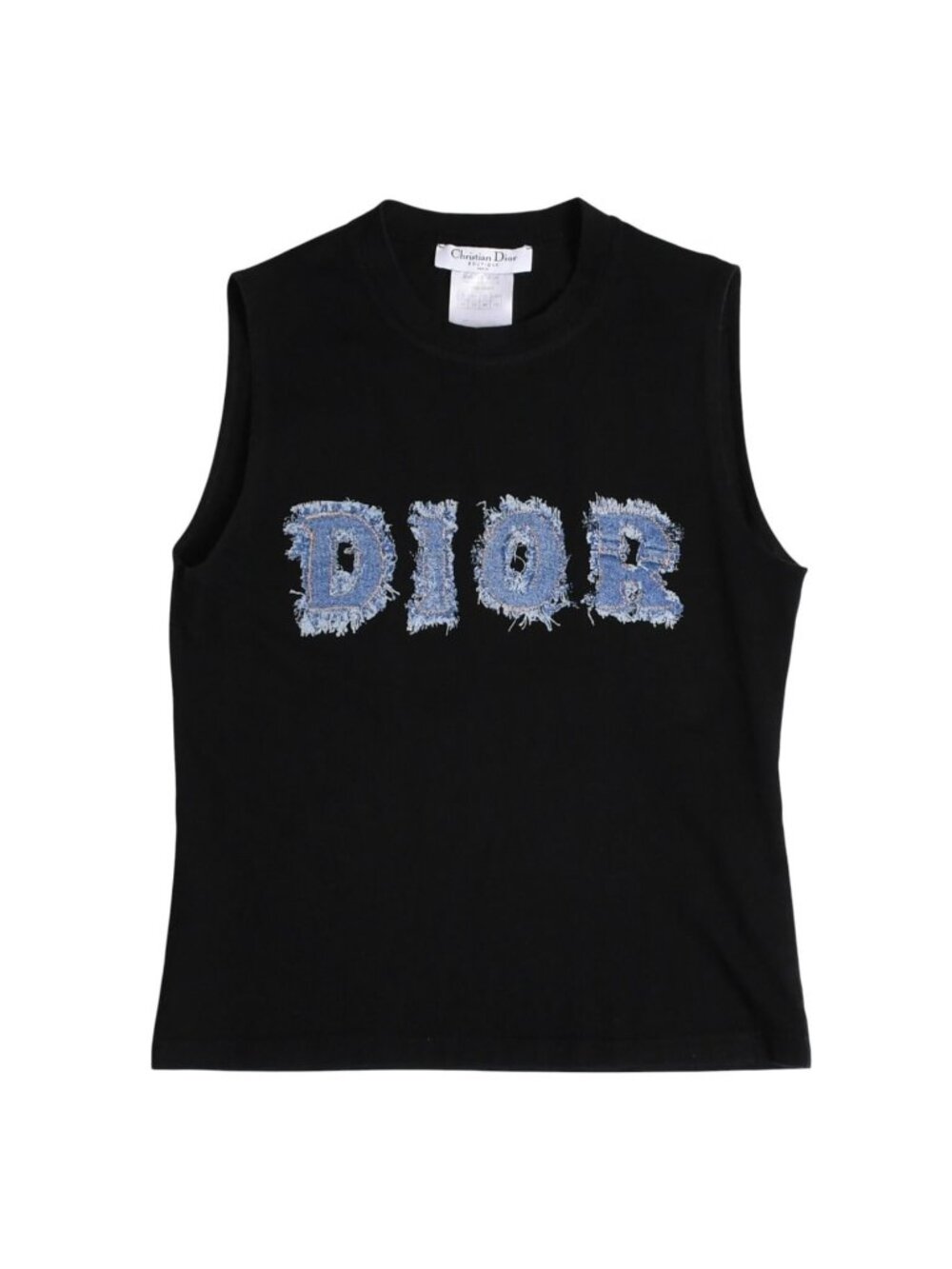 Dior Denim Logo Sleeveless Tank Top Galliano Era Fabric Fringe Y2k Black